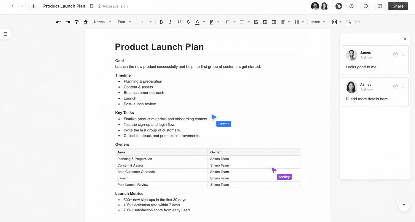 OfficeDocs editor showing a product launch plan with two live collaborator cursors and a comments panel